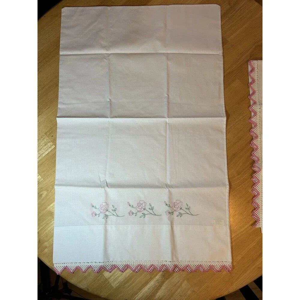 Vintage Pink Rose Embroidered Pillowcases Pair Crochet Lace Percale Cottage Set
